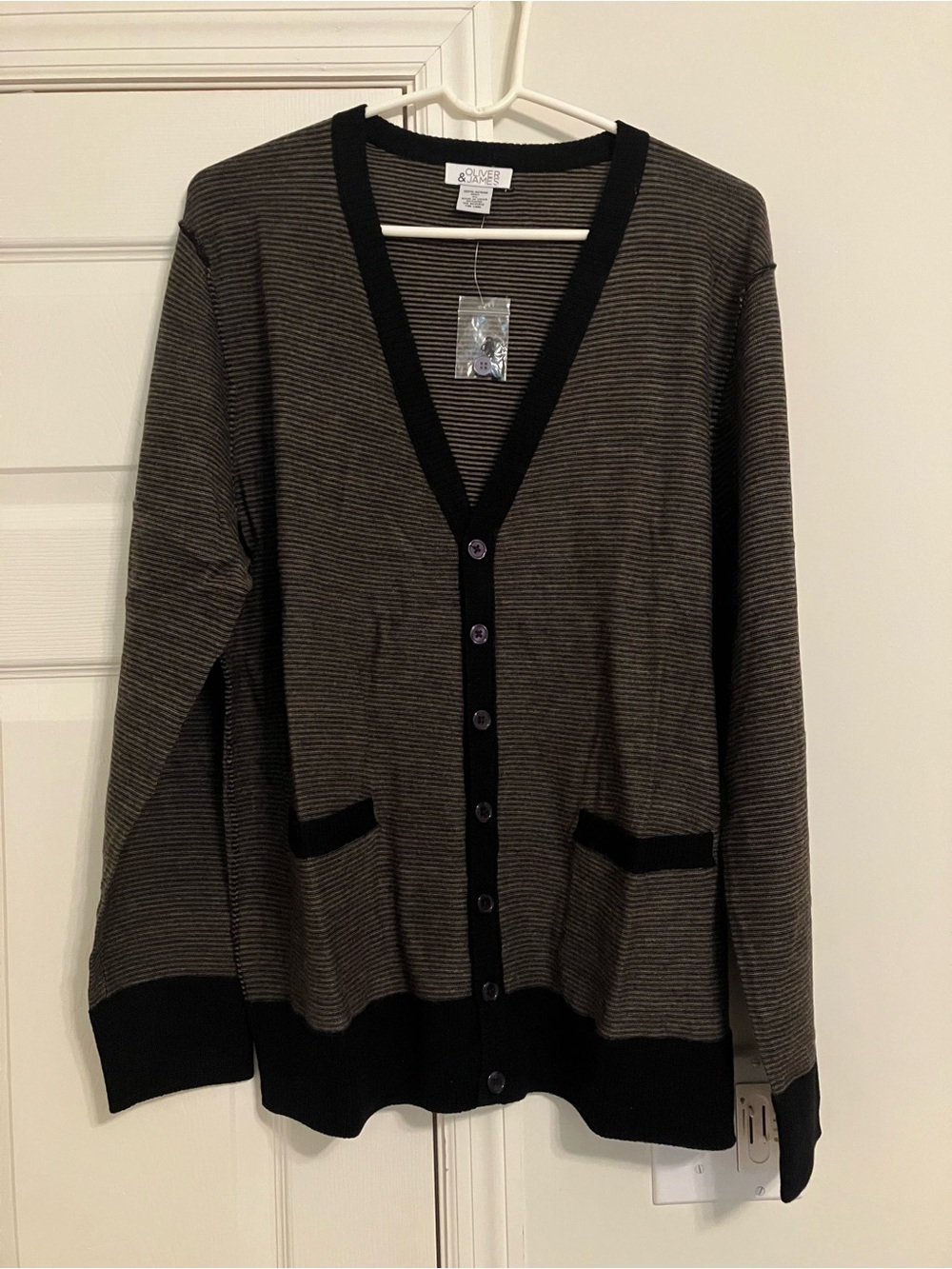 Oliver & James 100% Merino Wool Striped Cardigan with Pockets NEW Size XL